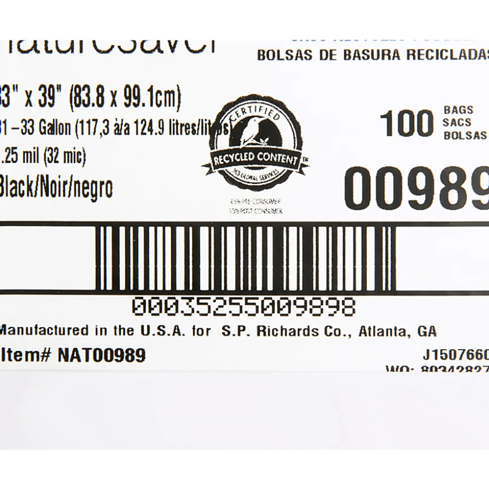 Nature Saver 1.25 mil Can Liners, 31 33 Gallons, 33" x 39", 75% Recycled, Black, Box Of 100