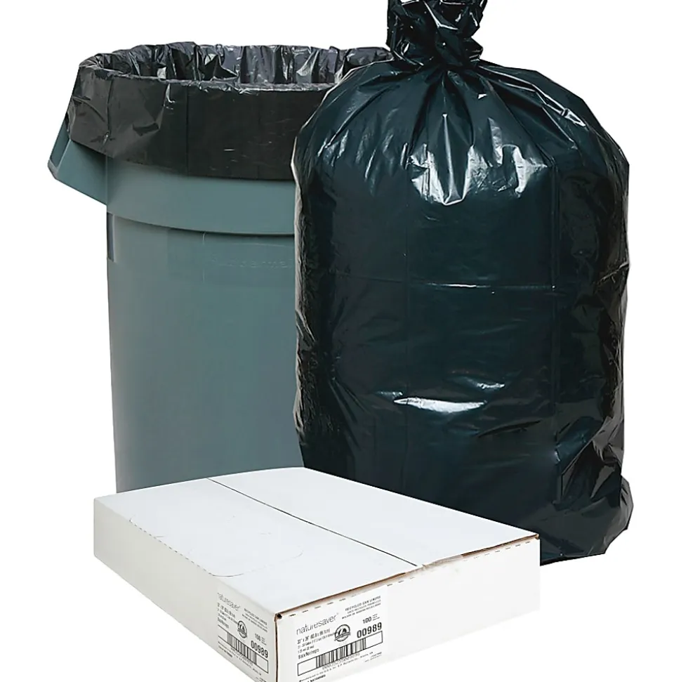 Nature Saver 1.25 mil Can Liners, 31 33 Gallons, 33" x 39", 75% Recycled, Black, Box Of 100