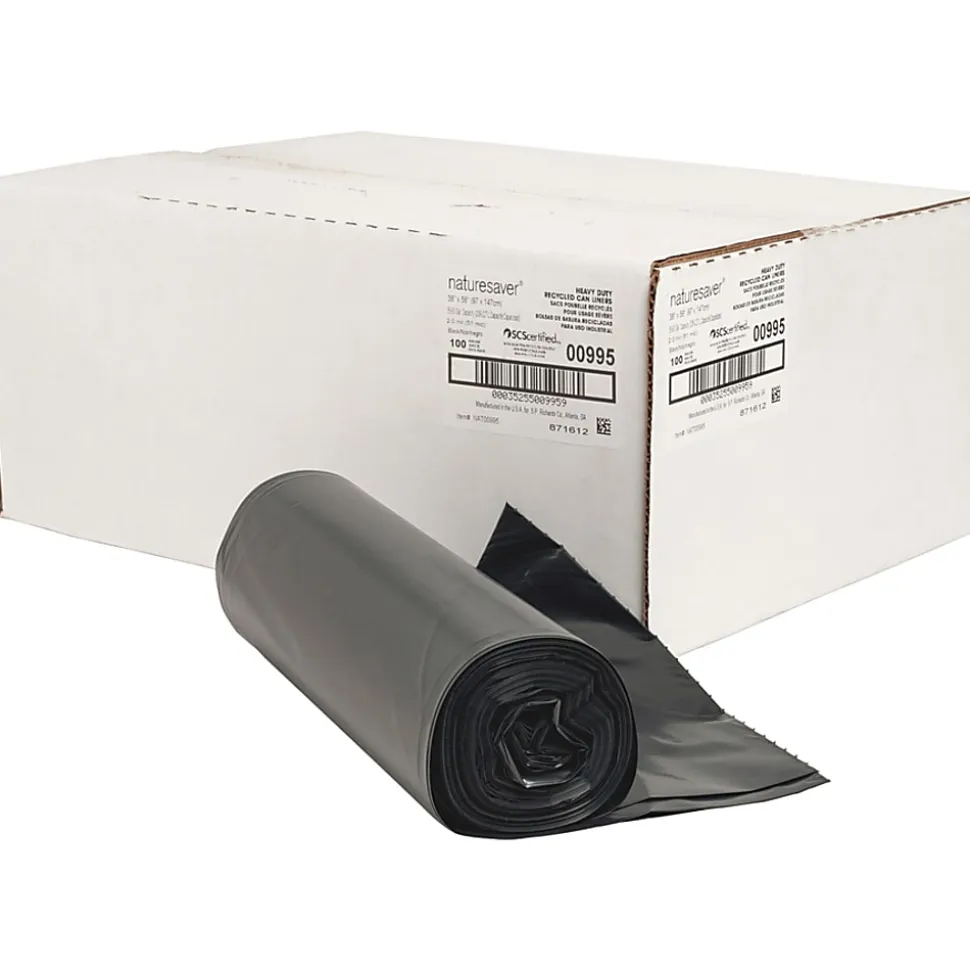 Nature Saver 2 mil Heavy Duty Can Liners, 55 60 Gallons, 38" x 58", 75% Recycled, Black, Box Of 100