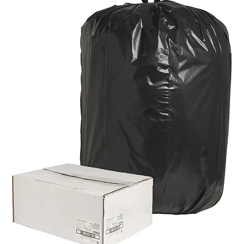 Nature Saver 75% Recycled Heavy-Duty Trash Liners, 1.65 mil, 55-60 Gallons, 38” x 58”, Black, Box Of 100