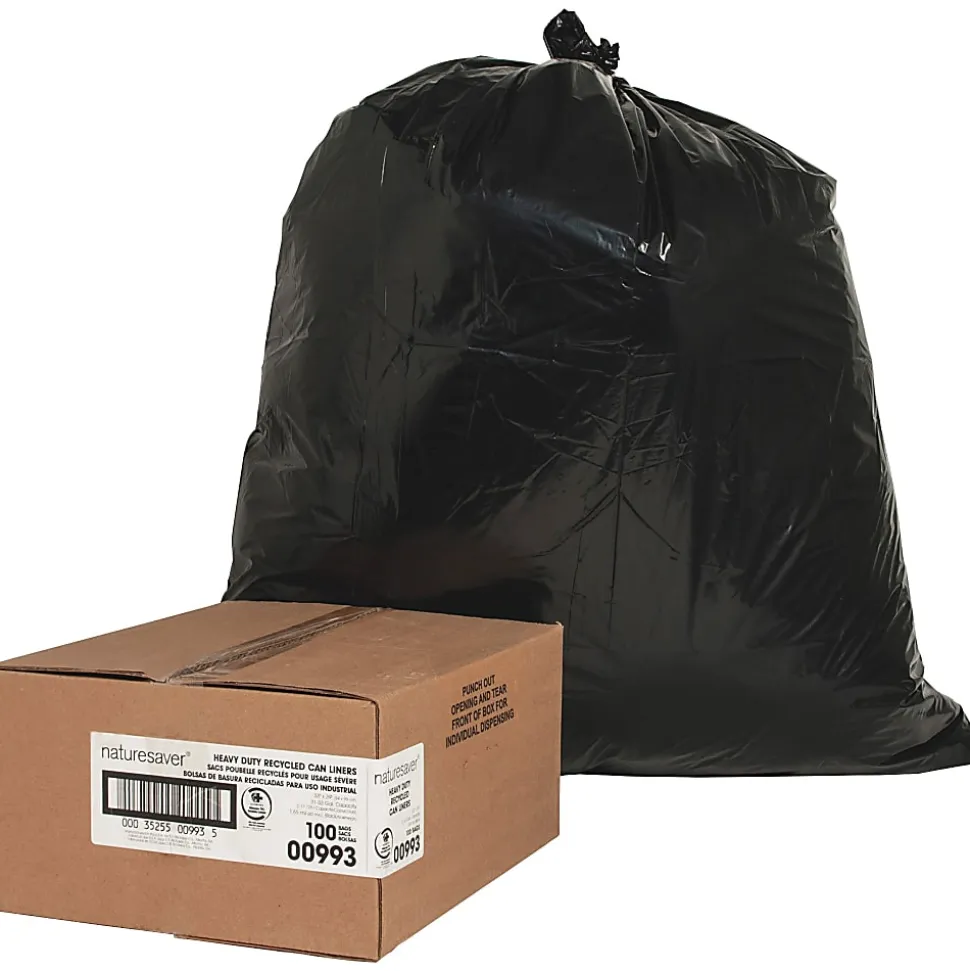 Nature Saver 75% Recycled Heavy-Duty Trash Liners, 1.65mil, 33 Gallons, 33" x 49", Black, Box Of 100