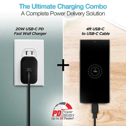 Naztech 20-Watt Power Delivery USB-C Wall Charger And USB-C To USB-C Cable, 4', Black