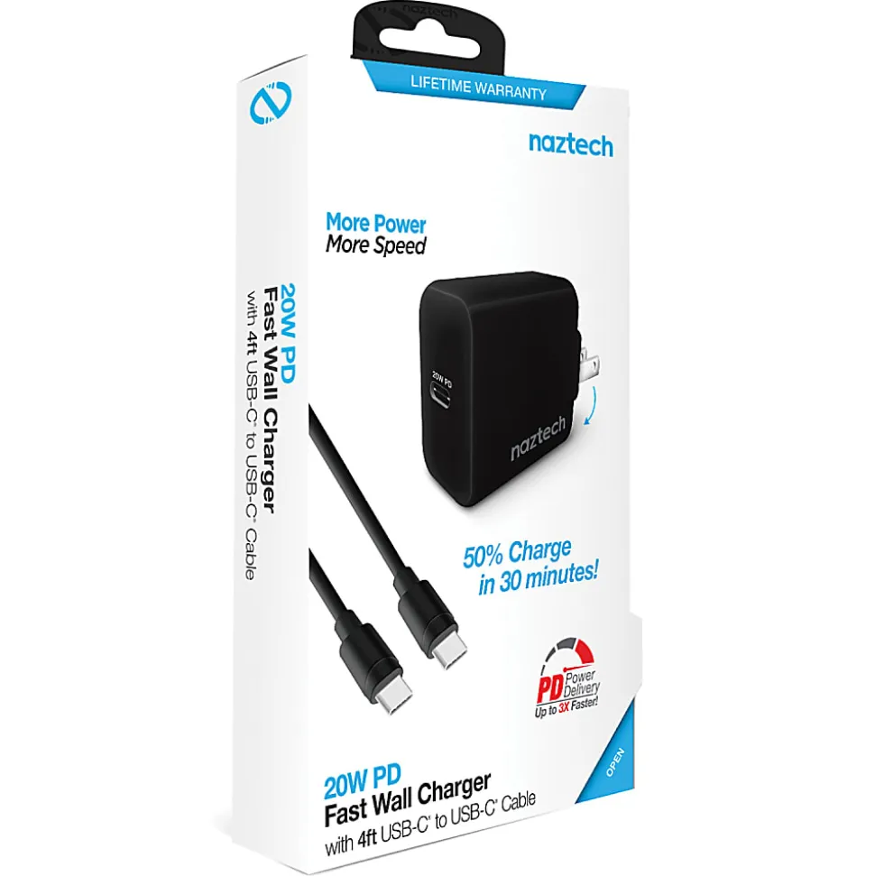 Naztech 20-Watt Power Delivery USB-C Wall Charger And USB-C To USB-C Cable, 4', Black