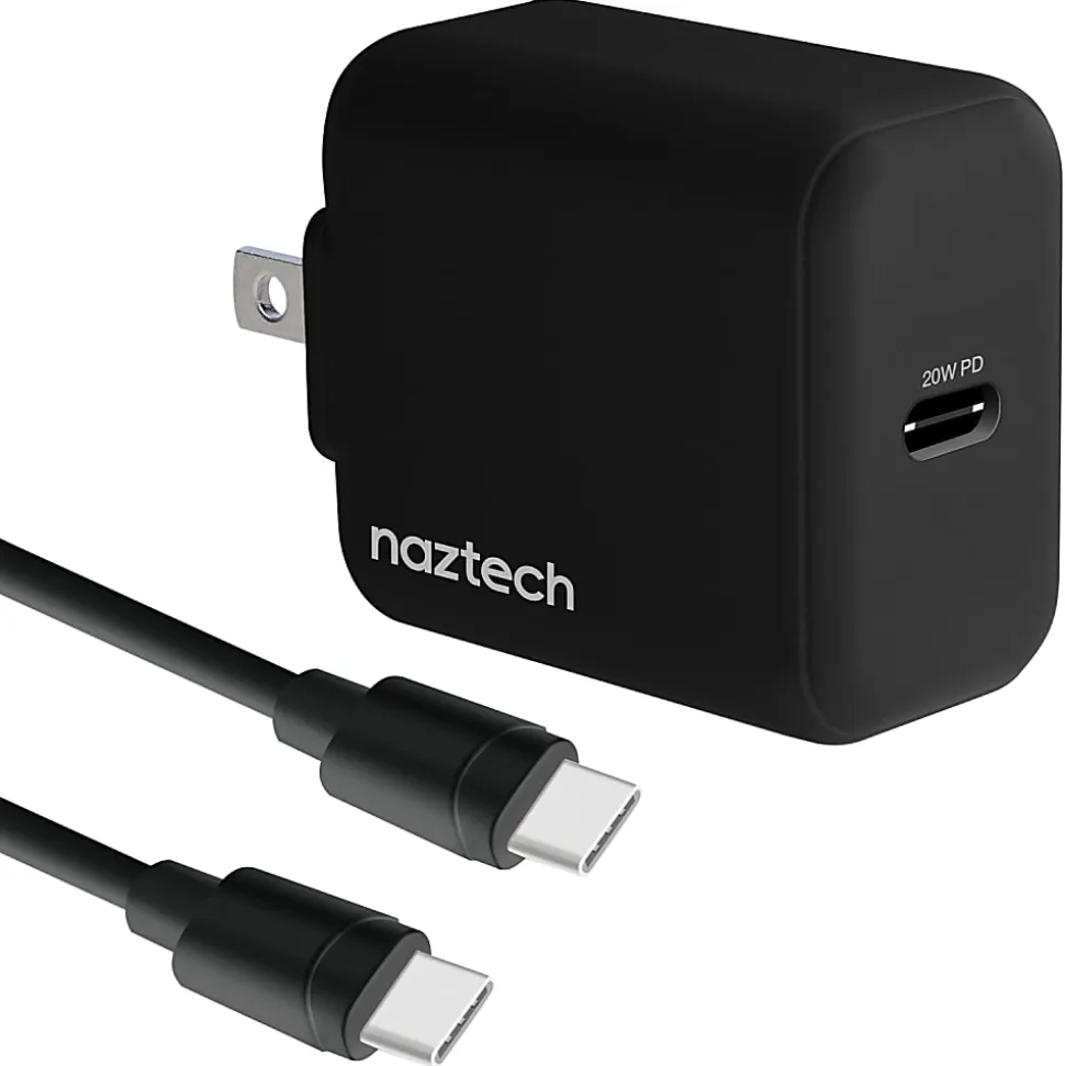 Naztech 20-Watt Power Delivery USB-C Wall Charger And USB-C To USB-C Cable, 4', Black