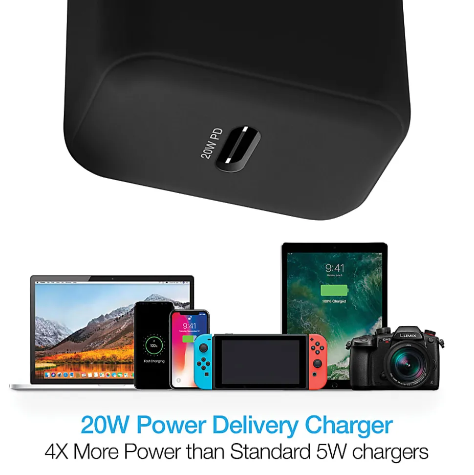 Naztech 20-Watt Power Delivery USB-C Wall Charger And USB-C To USB-C Cable, 4', Black