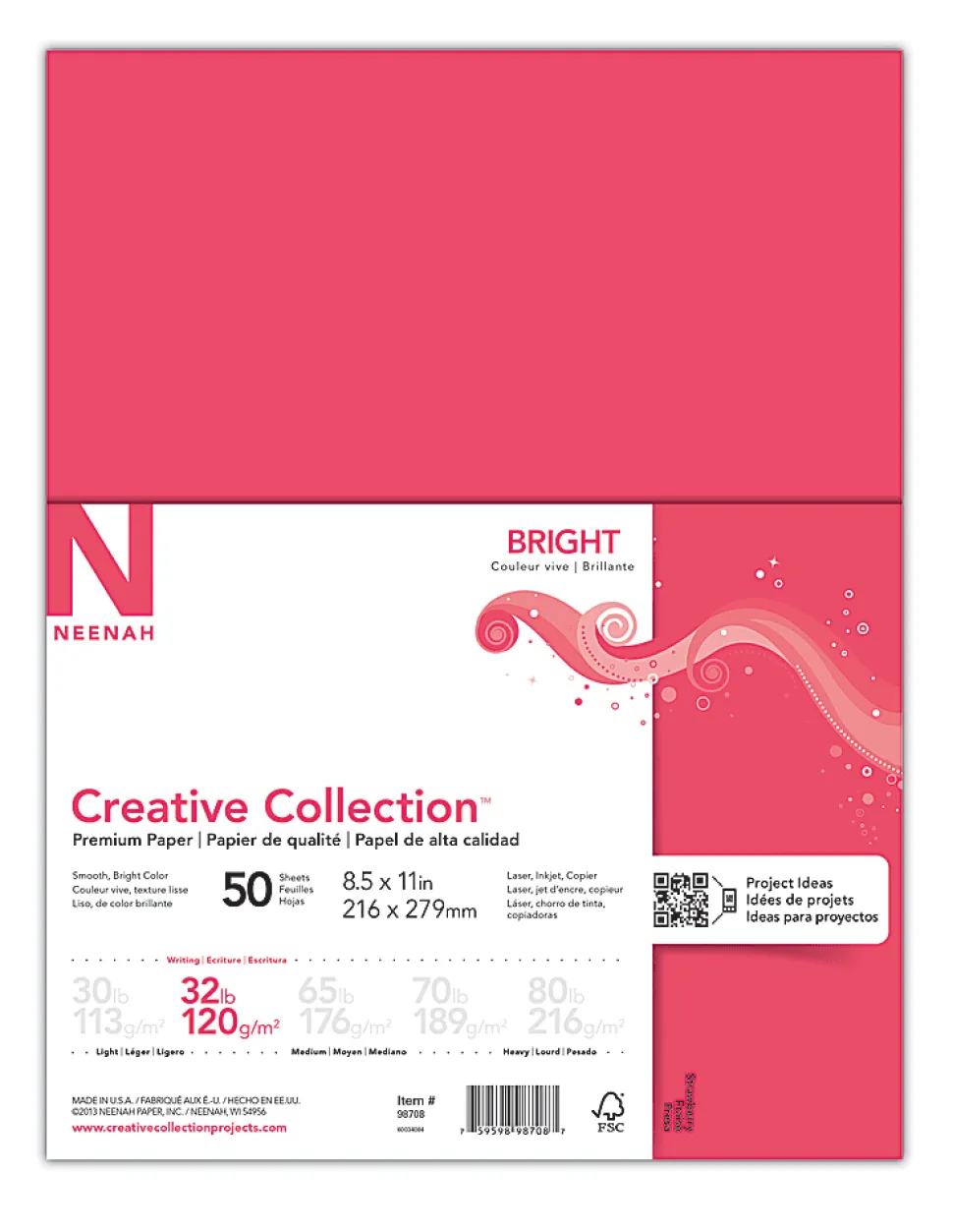 Neenah® Brights® Bright Color Copy Paper, 1 Ream, Bright Red, Letter (8.5" x 11"), 50 Sheets Per Pack, 32 Lb, 94 Brightness