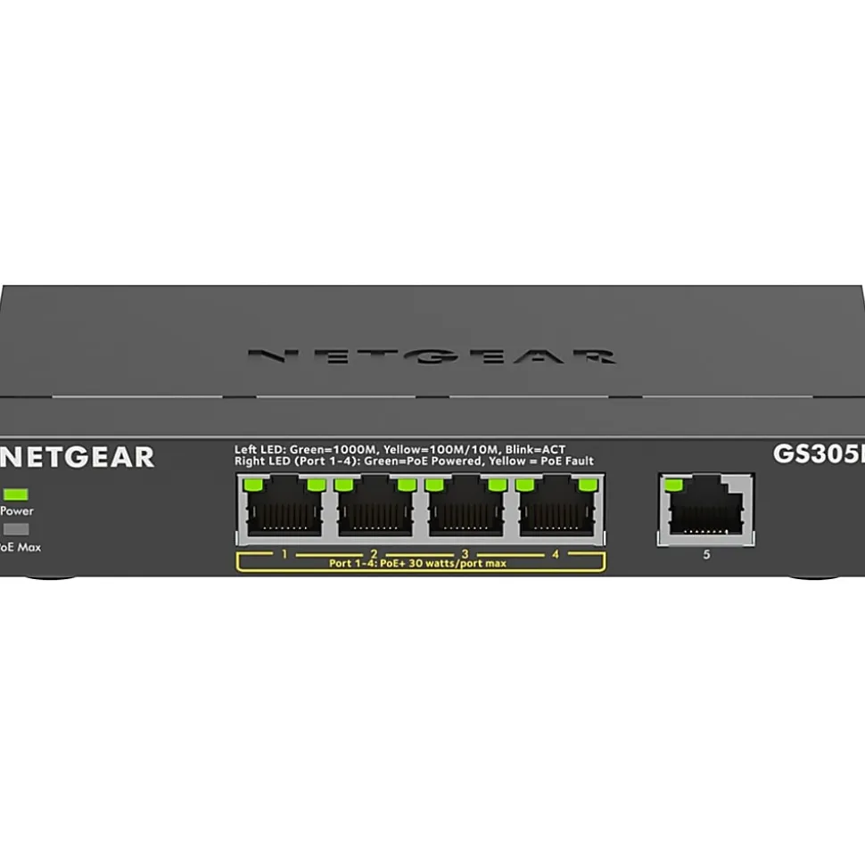 Netgear GS305P Ethernet Switch - 5 Ports - Gigabit Ethernet - 2 Layer Supported - 66.78 W Power Consumption - GS305P300NAS