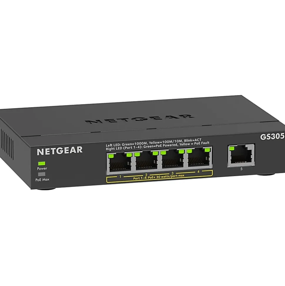 Netgear GS305P Ethernet Switch - 5 Ports - Gigabit Ethernet - 2 Layer Supported - 66.78 W Power Consumption - GS305P300NAS