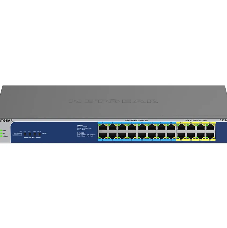 Netgear GS524UP Ethernet Switch - 24 Ports - 2 Layer Supported - 578.80 W Power Consumption - 480 W PoE Budget - GS524UP100NAS