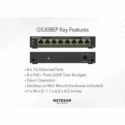Netgear 8-Port Gigabit Ethernet PoE+ Smart Managed Plus Switch - 8 Ports - Manageable - 2 Layer Supported - GS308EP100NAS