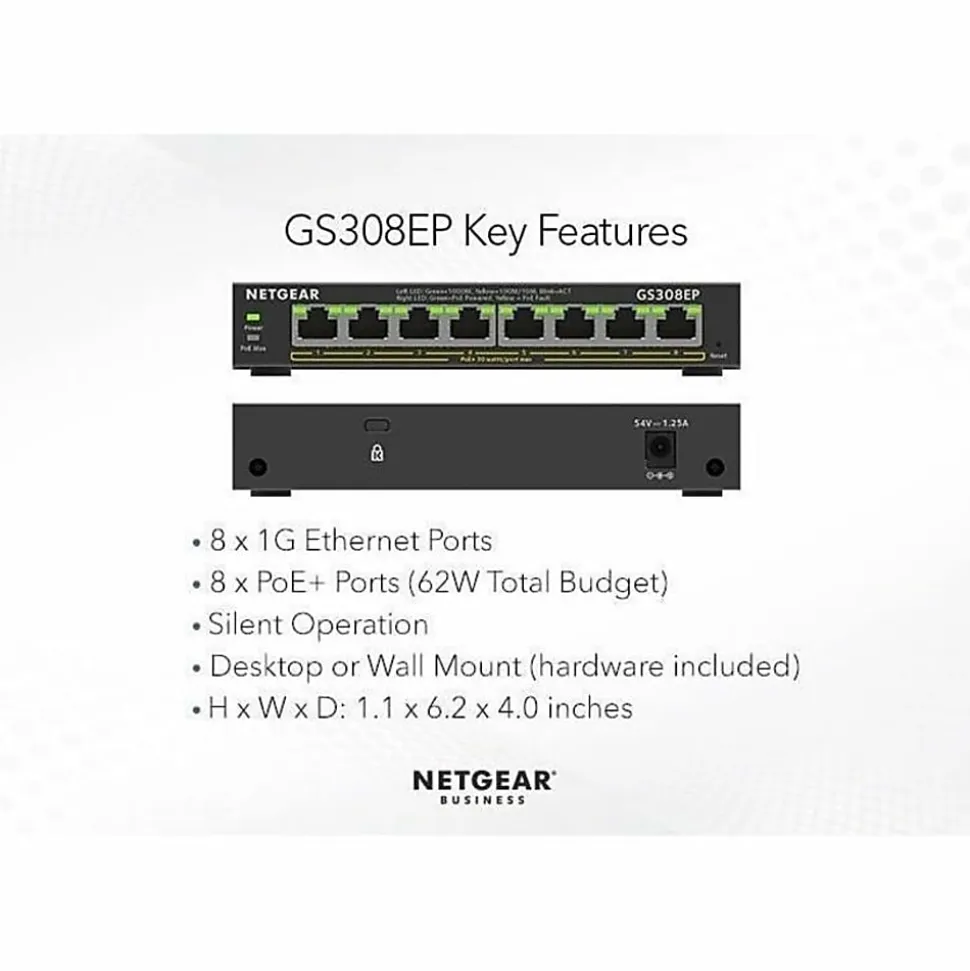 Netgear 8-Port Gigabit Ethernet PoE+ Smart Managed Plus Switch - 8 Ports - Manageable - 2 Layer Supported - GS308EP100NAS