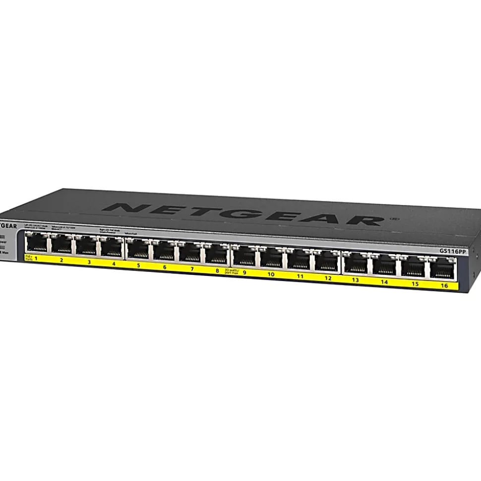 Netgear 16-Port 183W PoE/PoE+ Gigabit Ethernet Unmanaged Switch - 16 Ports - 2 Layer Supported - Twisted Pair - GS116PP100NAS