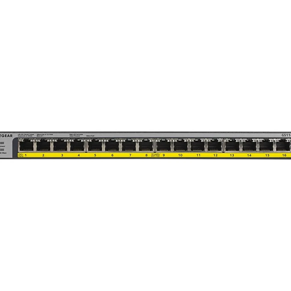 Netgear 16-Port 183W PoE/PoE+ Gigabit Ethernet Unmanaged Switch - 16 Ports - 2 Layer Supported - Twisted Pair - GS116PP100NAS