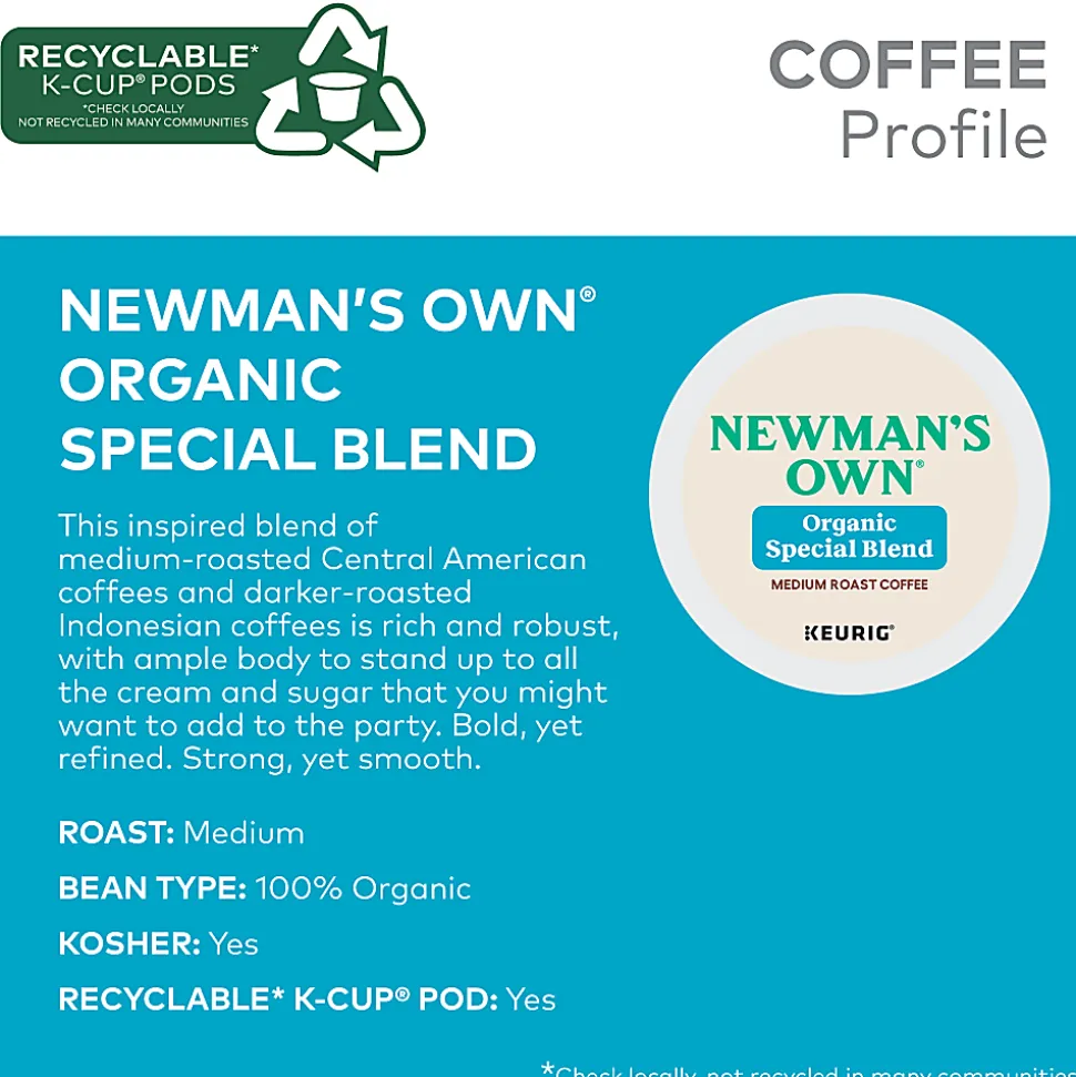 Newman's Own® Organics Single-Serve Coffee K-Cup®, Special Blend, Carton Of 96, 4 x 24 Per Box