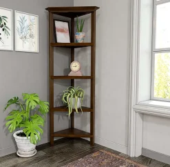 New Ridge Home Goods 60"H 5-Shelf Corner Bookcase, Walnut