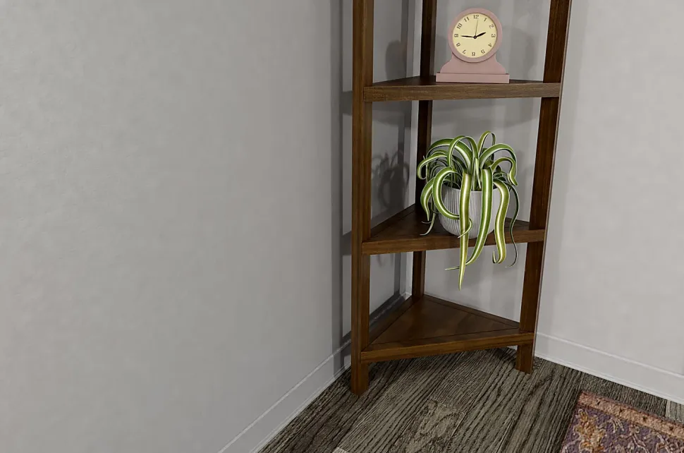 New Ridge Home Goods 60"H 5-Shelf Corner Bookcase, Walnut