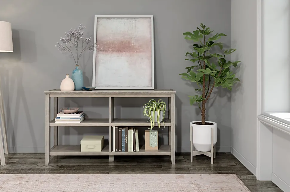 New Ridge Home Goods 30-1/4"H 3-Tier Low Wooden Bookcase, Washed Gray