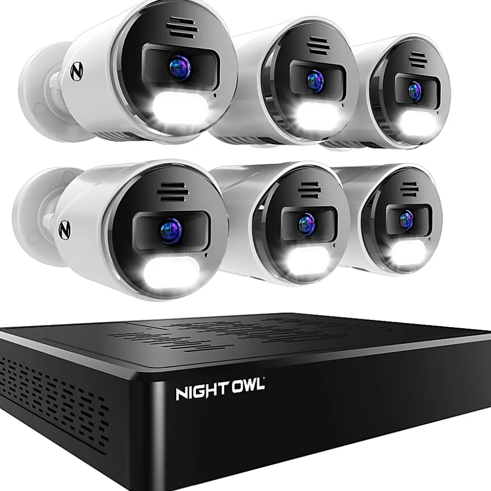 Night Owl 8-Channel 4K Bluetooth® NVR With 2TB Hard Drive And 6 Wired IP 4K Spotlight Cameras, Black/White