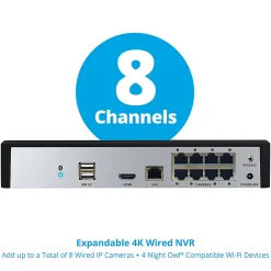 Night Owl 8-Channel 4K Bluetooth® NVR With 2TB Hard Drive And 6 Wired IP 4K Spotlight Cameras, Black/White