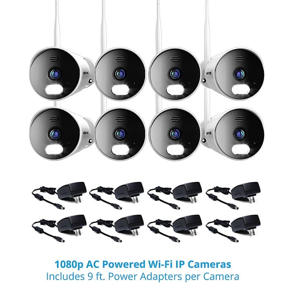Night Owl 8-Channel 1080p Wi-Fi NVR With 1TB Hard Drive And 8 Wi-Fi IP 1080p Spotlight Cameras, Black/White