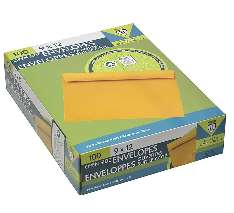 Nobility Open Side 9" x 12" Manila Envelopes, Clasp Closure, Brown Kraft, Pack Of 100
