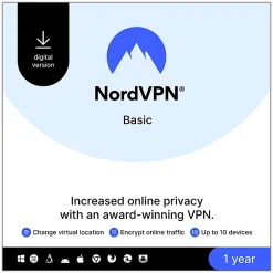 NORDVPN Basic VPN Service, 2024, For 10 Devices, 1-Year Subscription, Windows/Mac, Download