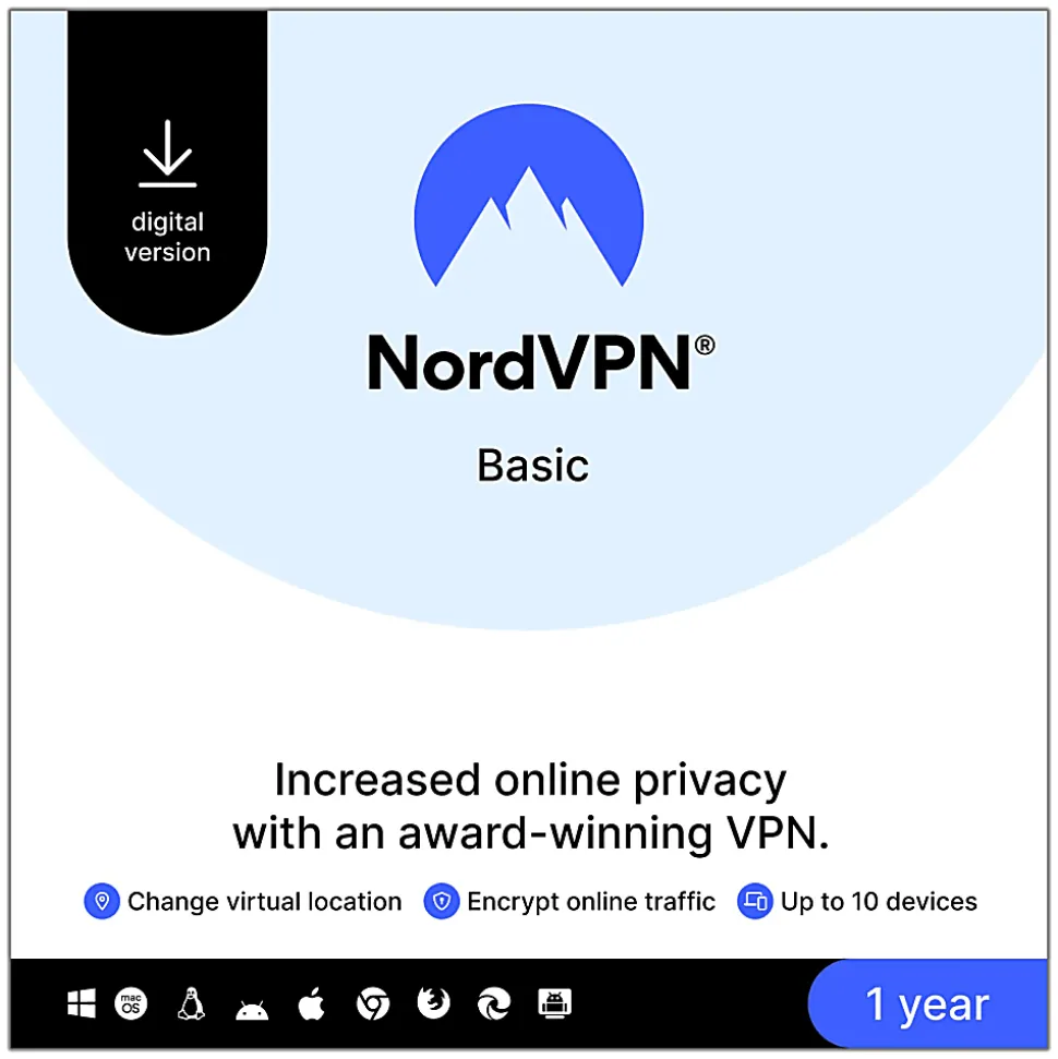 NORDVPN Basic VPN Service, 2024, For 10 Devices, 1-Year Subscription, Windows/Mac, Download