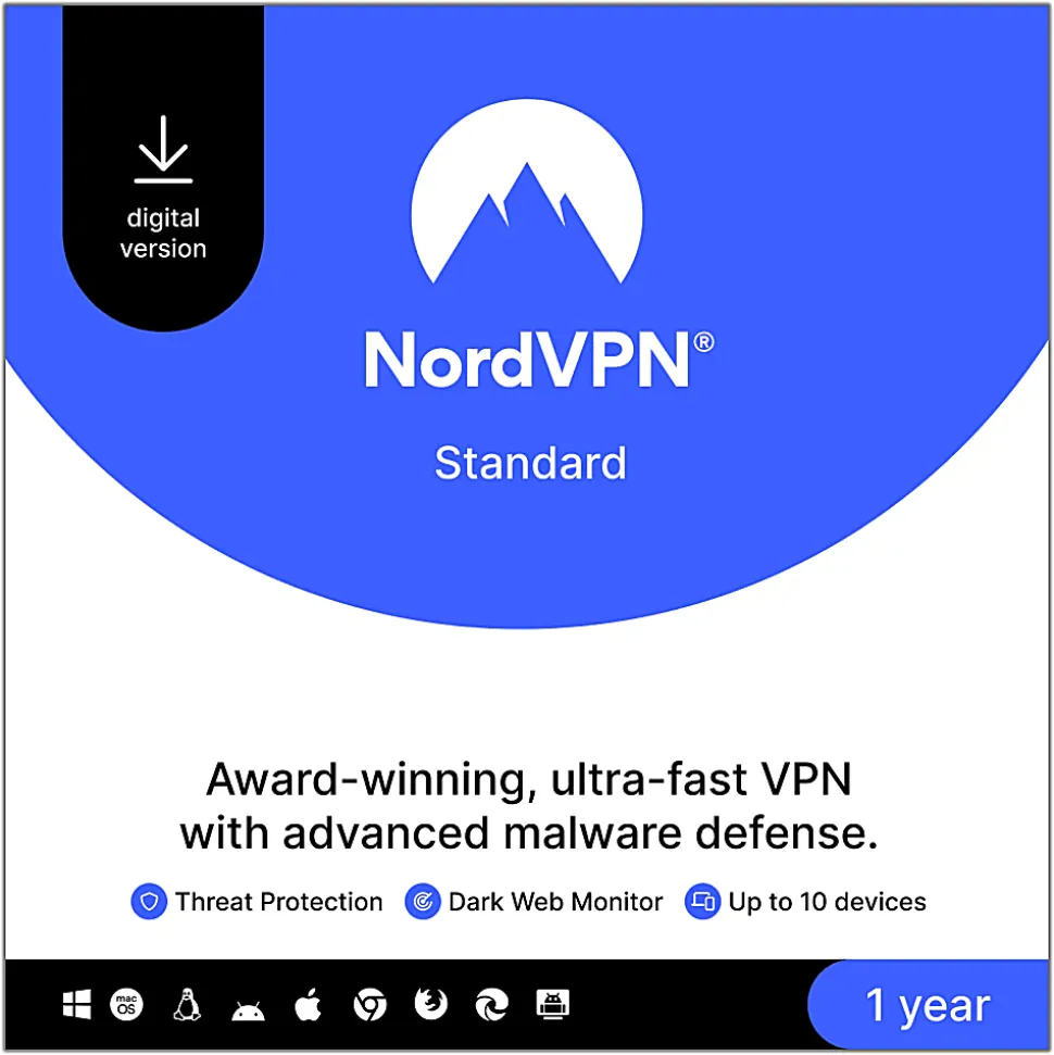 NordVPN Standard VPN Service, 2024, for 10 Devices, 1 Year Subscription, Windows, Mac, Download