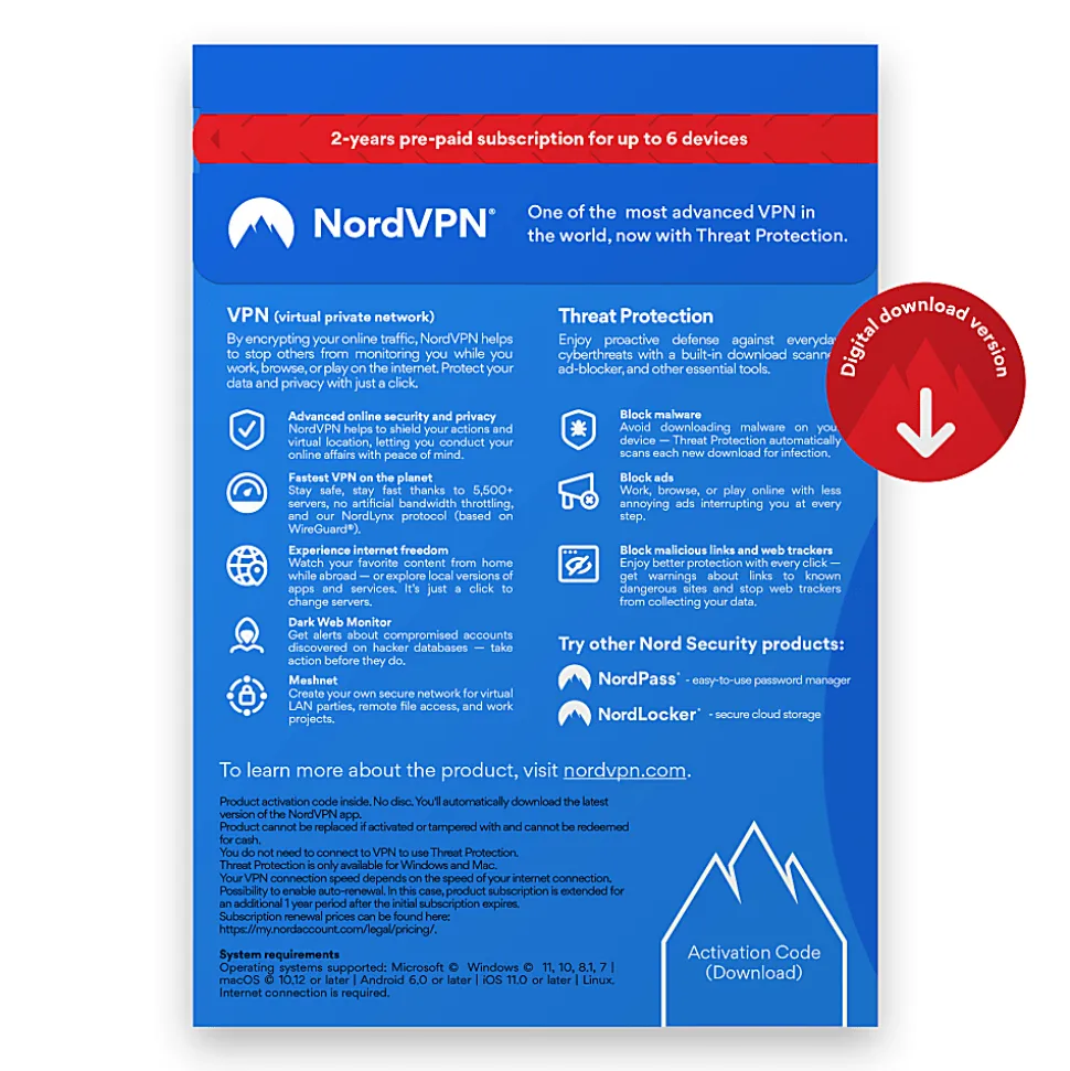 NordVPN VPN Service 2024, 10 Devices, 2-YR Subscription, Android/Windows/IOS, Download
