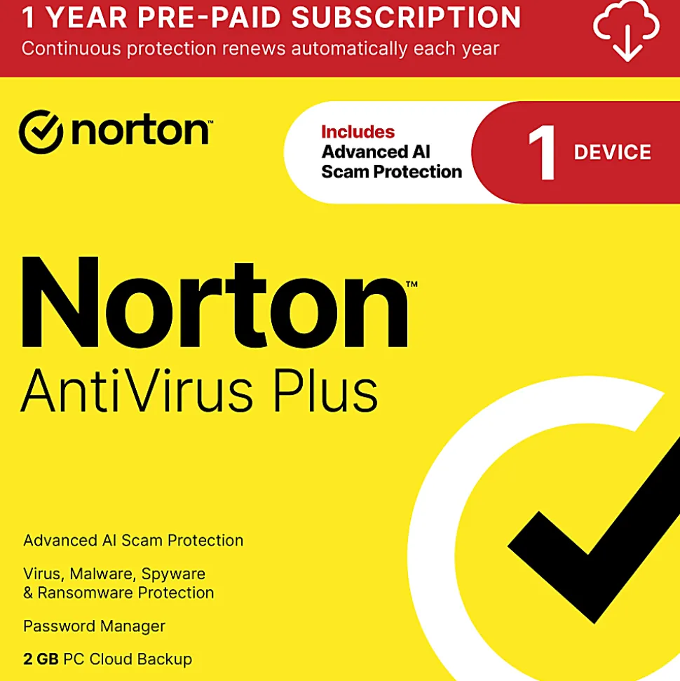 Norton™ Antivirus Plus, For 1 Device, 1 Year Subscription, Windows®, Download