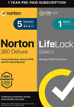 Norton™ 360 Deluxe + LifeLock Select, For 5 Devices, 1-Year Subscription, Product Key