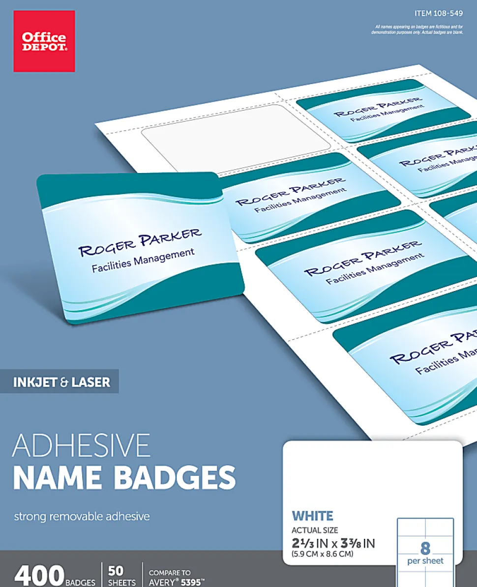 Office Depot® Brand Adhesive Name Badges, 2-1/3" x 3-3/8", White, Pack Of 400