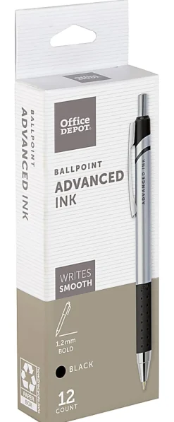 Office DepotĀ® Brand Advanced Ink Retractable Ballpoint Pens, Bold Point, 1.2 mm, Silver Barrel, Black Ink, Pack Of 12