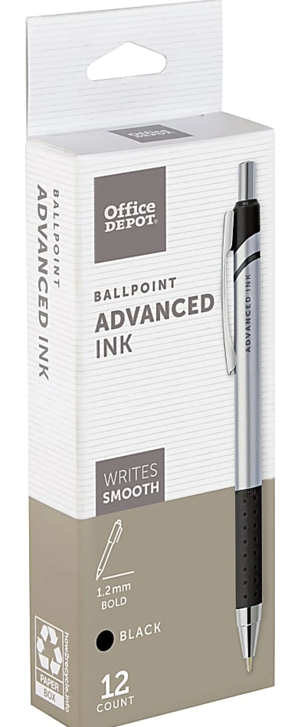 Office Depot® Brand Advanced Ink Retractable Ballpoint Pens, Bold Point, 1.2 mm, Silver Barrel, Black Ink, Pack Of 12