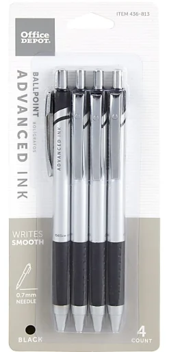 Office DepotĀ® Brand Advanced Ink Retractable Ballpoint Pens, Needle Point, 0.7 mm, Silver Barrel, Black Ink, Pack Of 4