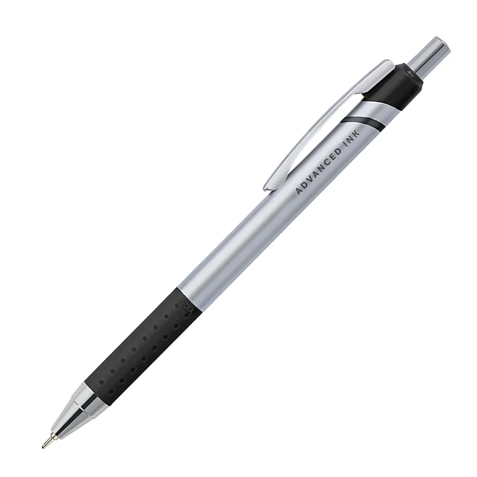 Office Depot® Brand Advanced Ink Retractable Ballpoint Pens, Needle Point, 0.7 mm, Silver Barrel, Black Ink, Pack Of 4