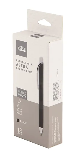 Office DepotĀ® Brand Astra Retractable Gel Ink Pens, Medium Point, 0.7 mm, Black Barrel, Black Ink, Pack Of 12 Pens