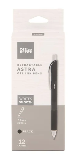 Office Depot® Brand Astra Retractable Gel Ink Pens, Medium Point, 0.7 mm, Black Barrel, Black Ink, Pack Of 12 Pens