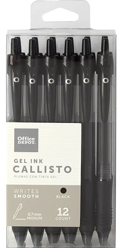 Office DepotĀ® Brand Callisto Retractable Gel Ink Pens, Medium Point, 0.7 mm, Translucent Black Barrel, Black Ink, Pack Of 12 Pens