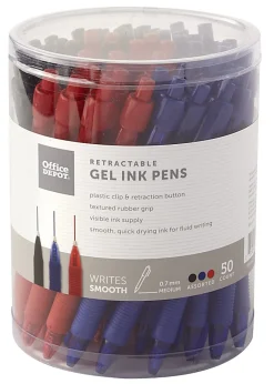 Office DepotĀ® Brand Callisto Retractable Gel Ink Pens, Medium Point, 0.7 mm, Assorted Barrel Colors, Assorted Ink Colors, Pack Of 50 Pens