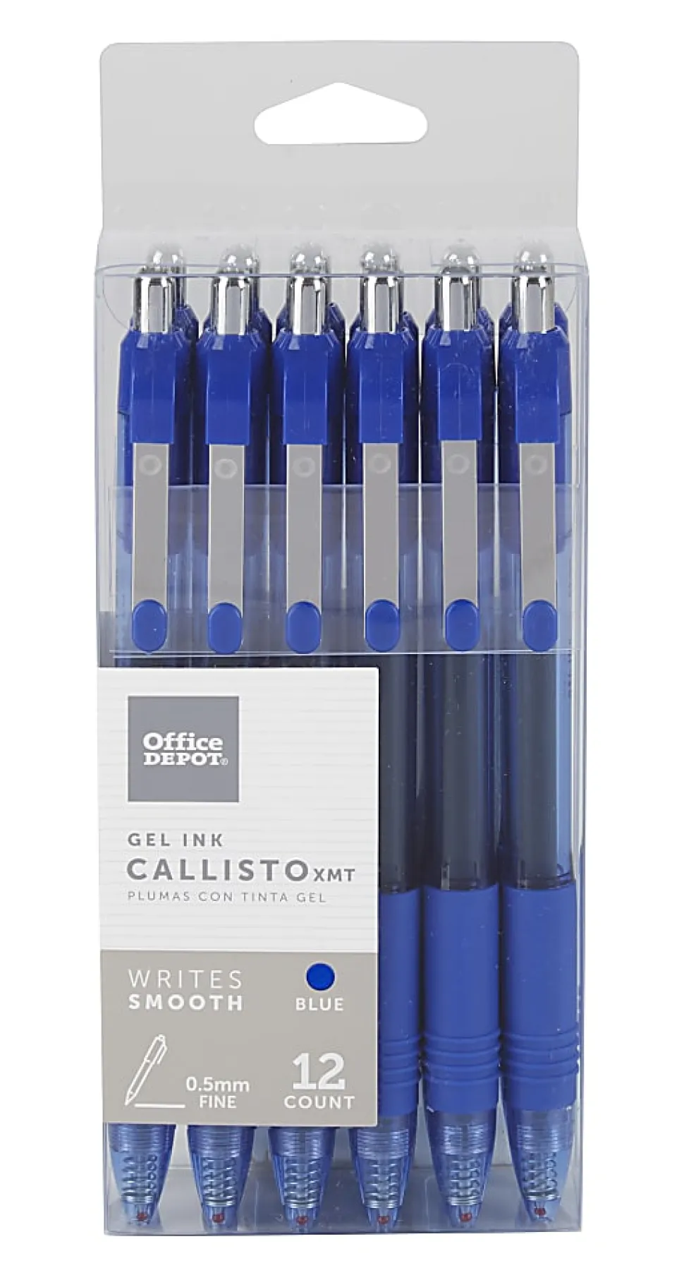 Office Depot® Brand Callisto Retractable Gel Ink Pens, Fine Point, 0.5 mm, Transparent Blue Barrel, Blue Ink, Pack Of 12 Pens