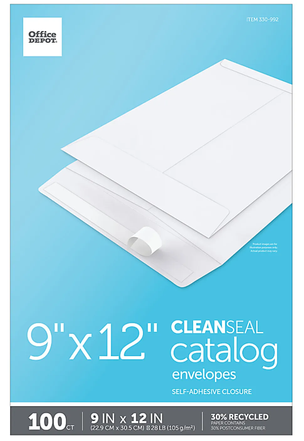 Office Depot® Brand Catalog Envelopes, 9" x 12", Clean Seal, 30% Recycled, White, Box Of 100