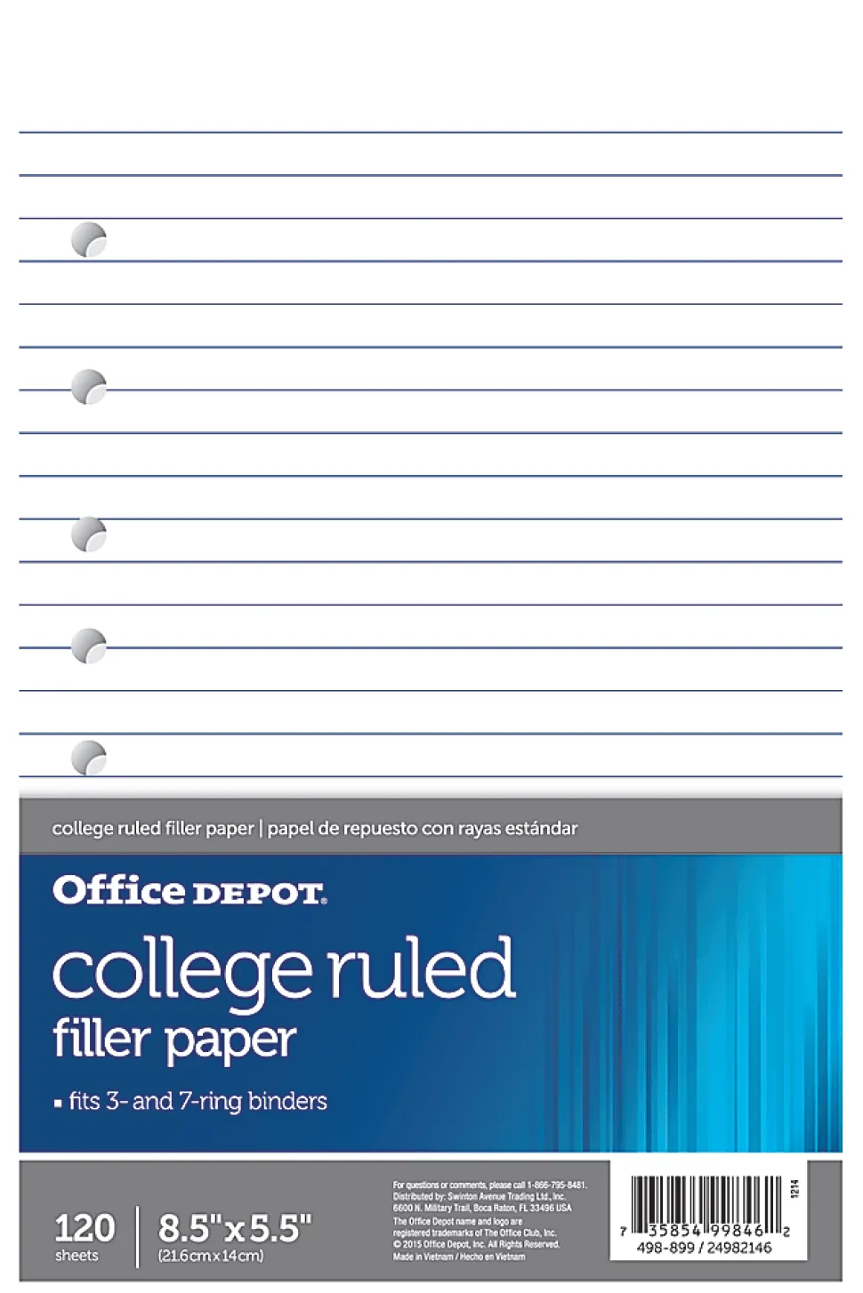 Office Depot® Brand College-Ruled Notebook Filler Paper, 7-Hole Punched, 8 1/2" x 5 1/2", 120 Sheets