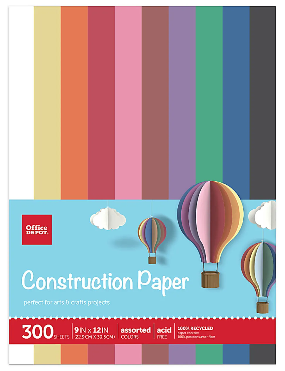 Office Depot® Brand Construction Paper, 9" x 12", 100% Recycled, Assorted Colors, Pack Of 300 Sheets