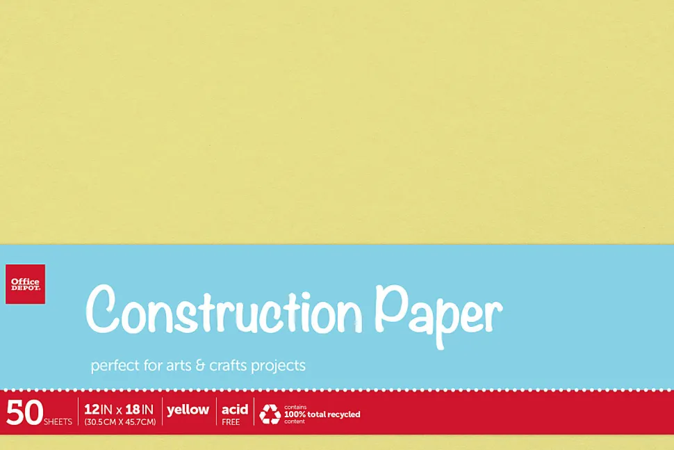 Office Depot® Brand Construction Paper, 12" x 18", 100% Recycled, Yellow, Pack Of 50 Sheets