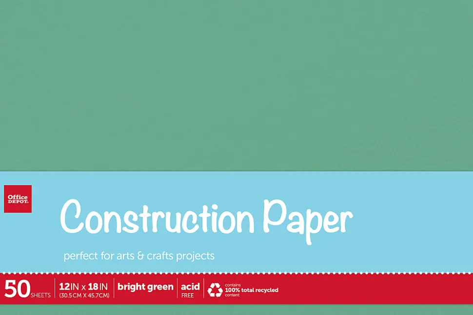 Office Depot® Brand Construction Paper, 12" x 18", 100% Recycled, Bright Green, Pack Of 50 Sheets