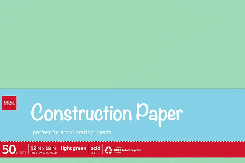 Office Depot® Brand Construction Paper, 12" x 18", 100% Recycled, Light Green, Pack Of 50 Sheets