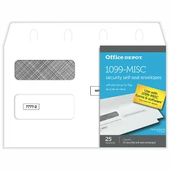 Office DepotĀ® Brand Double-Window Self-Seal Envelopes For 1099-MISC 2-Up Forms, 5-5/8"H x 9"W, White, Pack Of 25 Envelopes