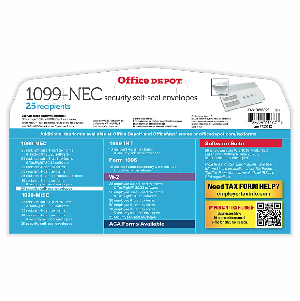 Office Depot® Brand Double-Window Self-Seal Envelopes For 1099-MISC 2-Up Forms, 5-5/8"H x 9"W, White, Pack Of 25 Envelopes