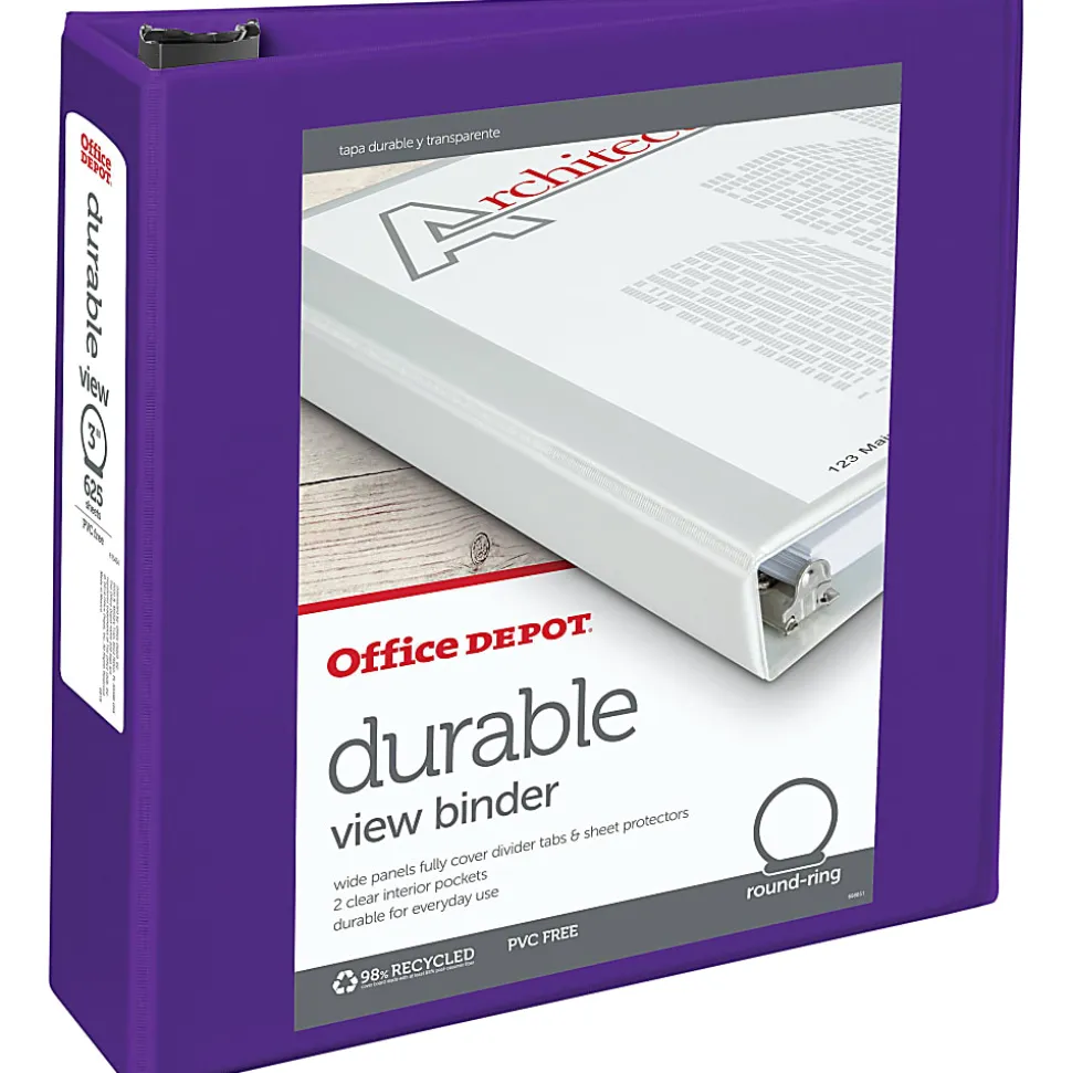 Office Depot® Brand Durable View 3-Ring Binder, 3" Round Rings, Purple